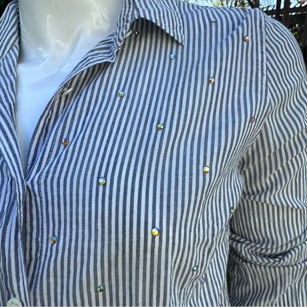 J. Crew Perfect Fit Striped Bling Poplin Shirt Grey White Women's Size 4